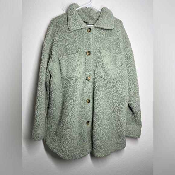 New Look Green Sherpa Jacket Sage 2 Front Pockets Buttoned Long Sleeve Size 1X - Picture 1 of 10